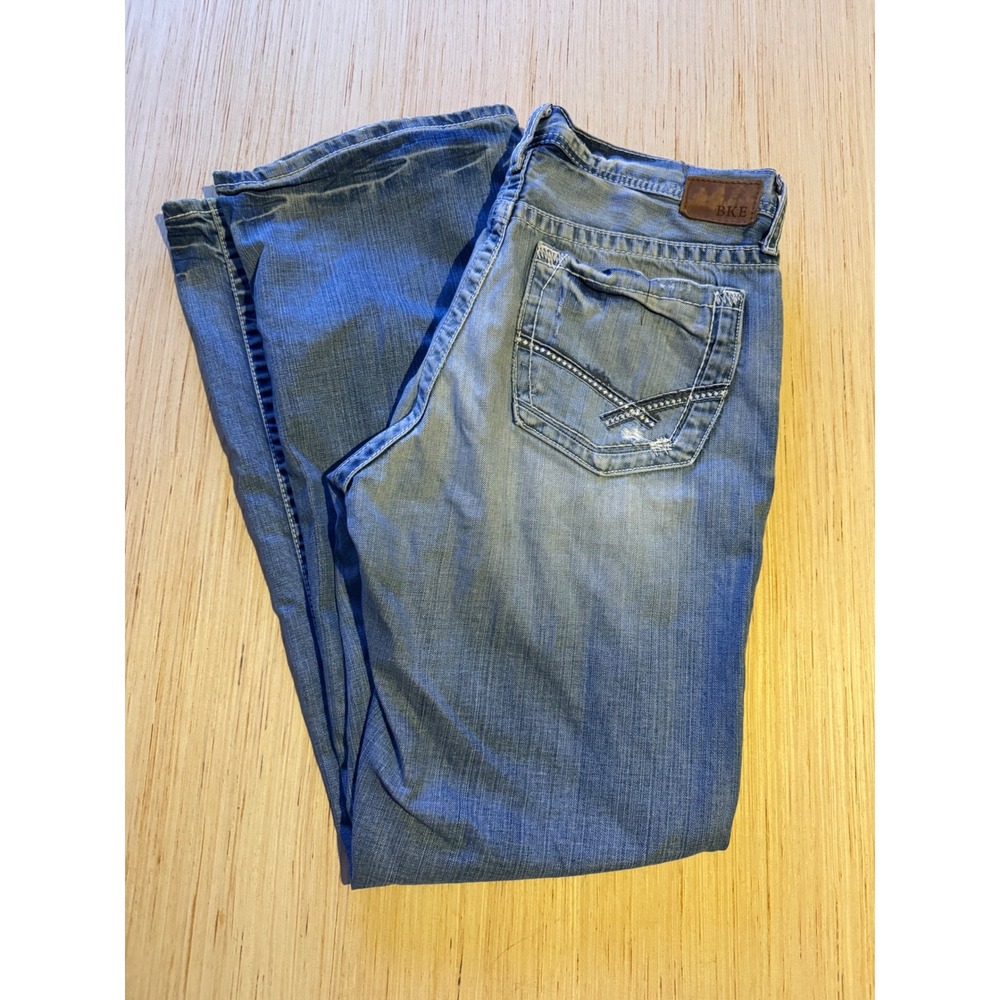 BKE Tyler Mens Straight Leg Jeans 34L Medium Wash Distressed Denim Blue 29
